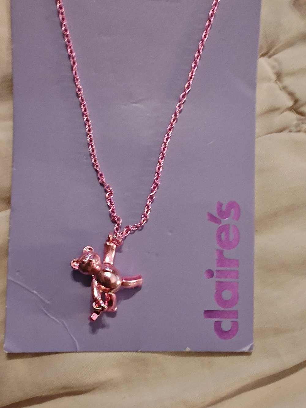 Claire's Pink Metallic Teddy Bear Pendant Necklace